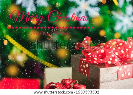 Merry Christmas and happy new year event with snow fall and green pine tree background