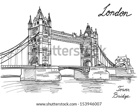 Tower Bridge, London, England, UK. Hand Drawn Illustration. Vector vintage background.  Royalty-Free Stock Photo #153946007