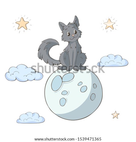 Cute cartoon wolf cub seeting on the moon. Isolated objects on white background. Decor elements for kids (newborn and baby) products. Print for children's sleepwear, pajamas, linens.