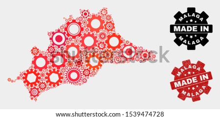 Mosaic gear Malaga Province map and textured seal. Vector geographic abstraction in red colors. Mosaic of Malaga Province map designed from scattered gear elements. Red colored model for workshop,
