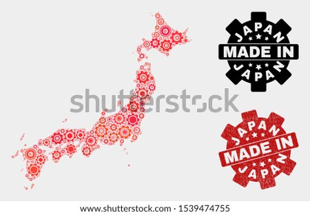 Mosaic technical Japan map and scratched seal. Vector geographic abstraction in red colors. Mosaic of Japan map combined of scattered wheel elements. Red colored model for technical,