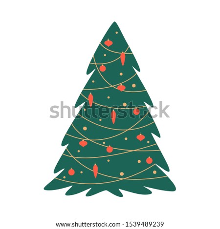 Christmas illustration with xmas decorated tree isolated from white background. Vector festive concept for Merry Christmas and Happy new year