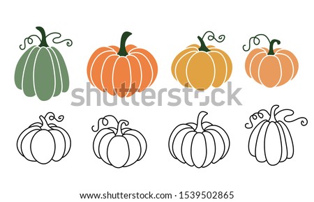 A set of pumpkins in various shapes, black outlined and colored. Vector collection of cute hand drawn pumpkins on white background. Elements for autumn decorative design, halloween invitation, harvest Royalty-Free Stock Photo #1539502865