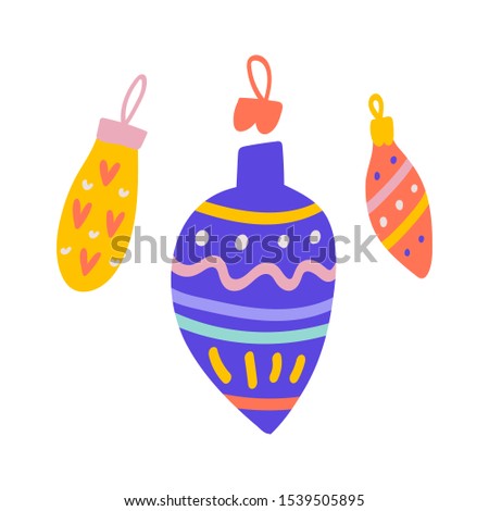 Christmas balls decoration for tree with colorful ornaments. Hand drawn cute doodle illustration. 