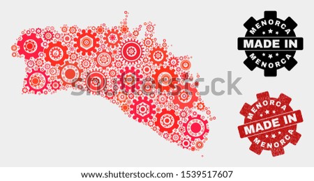 Mosaic gear Menorca Island map and grunge stamp. Vector geographic abstraction in red colors. Mosaic of Menorca Island map combined of random gear elements. Red colored model for industrial,