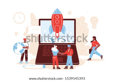 Flat vector illustration isolated.Concept startup launch of a new business for web page, banner, presentation, social media, business project start up. young emerging company. rocket launch into space