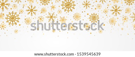 Gold snowflakes falling on white background. Golden snowflakes border with different ornaments. Luxury Christmas garland. Winter ornament for packaging, cards, invitations. Vector illustration.