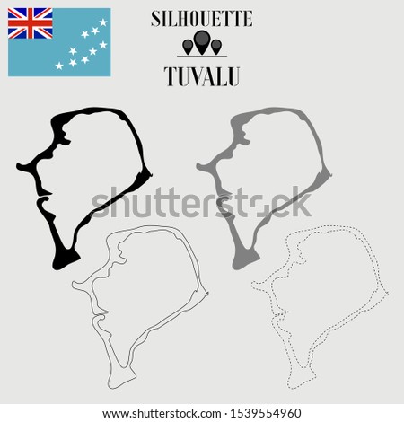 Oceanian Tuvalu outline world map, solid, dash line contour silhouette, national flag vector illustration design, isolated on background, objects, symbol from countries set