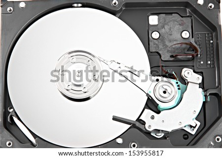 Open The Hard disk and focus picture in Disk storage on white background.
