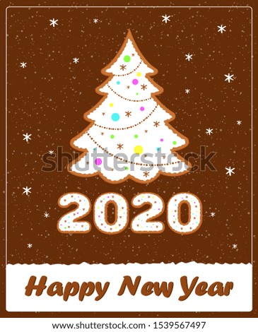 Glazed donut.Christmas tree cookies new year card 2020