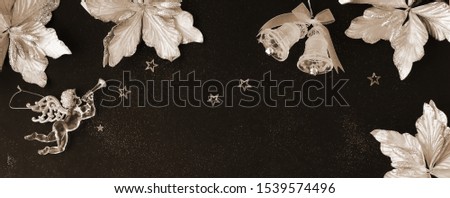 Christmas background banner. Xmas or new year white silver color decorations on black  background with empty copy space for text.  holiday concept for postcard or invitation. top view. flat lay 