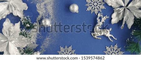 Christmas background banner. Xmas or new year white silver color decorations on blue  background with empty copy space for text.  holiday concept for postcard or invitation. top view . copy space