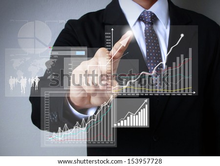 businessman with financial symbols coming from hand  Royalty-Free Stock Photo #153957728
