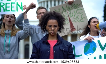 Activists chanting slogans for environment protection, stop plastic waste Royalty-Free Stock Photo #1539603833