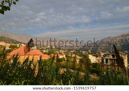 Pictured is the village of Baskinta and the surrounding mountains, the village in Lebanon, known for its Apple festival