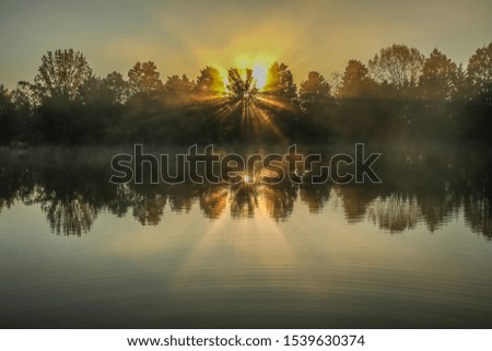 Beautiful Autumn sunrise over a tranquil country pond with sun rays through the trees reflecting on the water, soft selective focus with mist rising 
