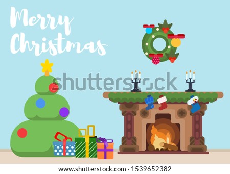 New Year card. fireplace and christmas tree. vector illustration