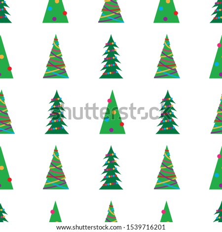Christmas seamless pattern with green Christmas trees with colorful toys, balls and garlands. Vector illustration