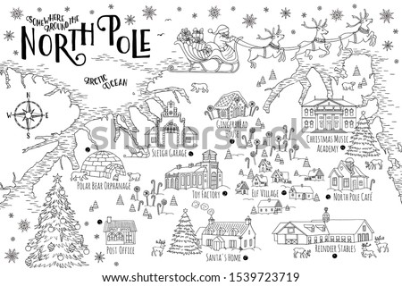 Christmas fantasy map of the North Pole, showing the home and toy factory of Santa Claus, reindeer stables, elf village etc. - vintage Christmas greeting card template