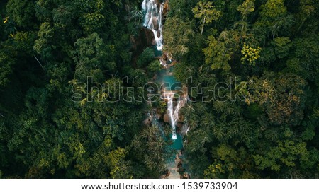 Aerial View of Luang Prabang's Highlight, the Kuang Si Waterfalls in Laos with surrounding Jungle