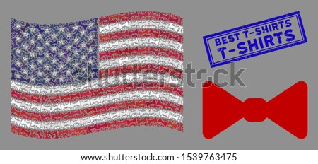 Bow tie items are arranged into USA flag stylization with blue rectangle rubber stamp seal of Best T-Shirts caption. Vector concept of USA waving official flag is created with bow tie items.