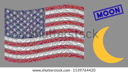 Moon items are organized into USA flag stylization with blue rectangle rubber stamp seal of Moon caption. Vector composition of American waving official flag is designed of moon items.