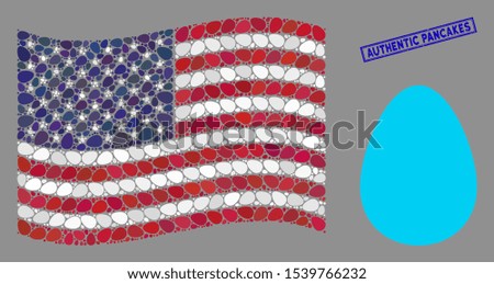 Egg symbols are organized into USA flag mosaic with blue rectangle distressed stamp watermark of Authentic Pancakes phrase.