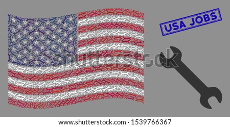 Wrench icons are organized into American flag collage with blue rectangle distressed stamp watermark of USA Jobs caption. Vector composition of American waving flag is composed with wrench icons.