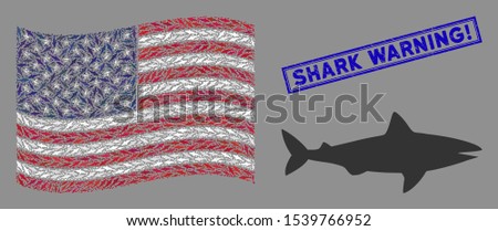 Shark items are organized into United States flag abstraction with blue rectangle distressed stamp seal of Shark Warning! phrase.