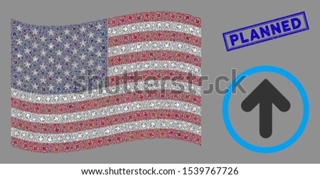 Rounded arrow icons are combined into USA flag stylization with blue rectangle grunge stamp seal of Planned caption. Vector concept of USA waving flag is created of rounded arrow items.