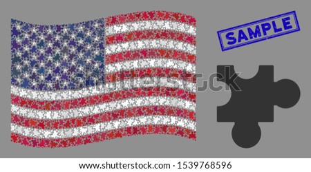 Plugin pictograms are combined into American flag collage with blue rectangle grunge stamp seal of Sample phrase. Vector collage of American waving state flag is created of plugin elements.