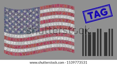 Barcode icons are combined into United States flag collage with blue rectangle rubber stamp watermark of Tag text. Vector composition of American waving flag is composed of barcode icons.