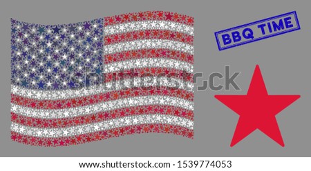 Confetti star items are organized into United States flag collage with blue rectangle distressed stamp seal of BBQ Time caption.