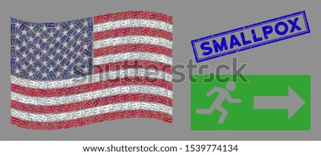 Emergency exit symbols are arranged into USA flag mosaic with blue rectangle distressed stamp watermark of Smallpox phrase. Vector concept of America waving flag is designed of emergency exit items.