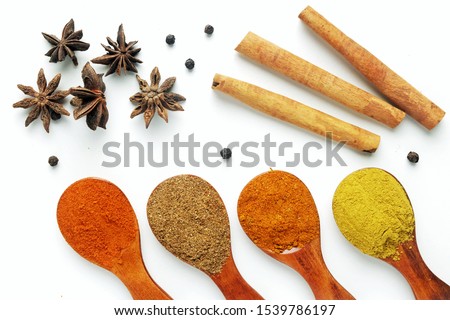 A high  key flatlay closeup picture of spice wooden spoon with Turkish mix spices, coriander, paprika, curry, star anise, black pepper and cinnamon stick before marinating food.