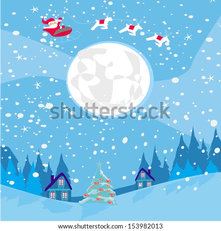 Winter landscape with reindeer, houses and Santa
