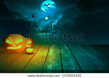 Spooky Halloween - Pumpkins on Wooden planks can be used to display or edit your product, mock up for product display.