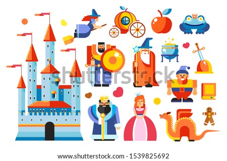 Kingdom and magic, fairy tale characters, castle and royalty vector. Princess and king, dwarf and frog, witch and wizard, dragon and castle. Knight and sword in stone, apple and coach, kettle and book