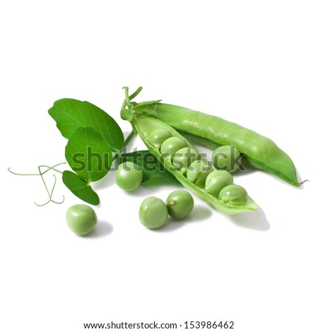 fresh pea with green leaf isolated on white background 