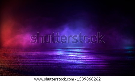 Wet asphalt, night view, neon reflection on the concrete floor. Night empty stage, studio. Dark abstract background. Product Showcase Spotlight Background. Royalty-Free Stock Photo #1539868262