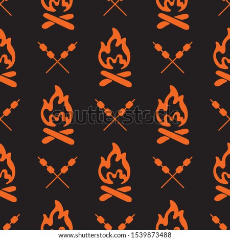Campfire and stick with marshmallow. Vector illustration. Seamless pattern for banner, wallpaper, wrapping paper or fabric.