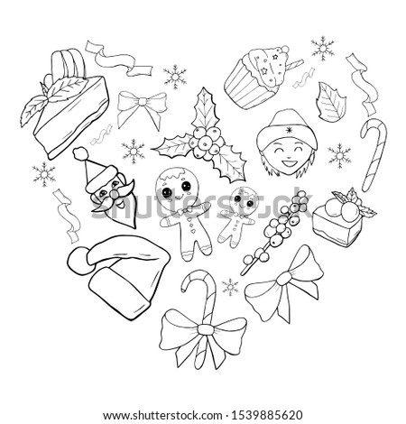Heart made of christmas elements. Christmas set vector that consists of gingerbread and cupcake, Santa hat and Santa Claus with desserts and snowflakes with mistletoe and caramel cane with bow. 