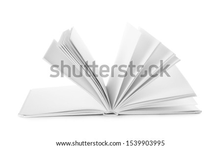 Open hardcover book with blank pages on white background