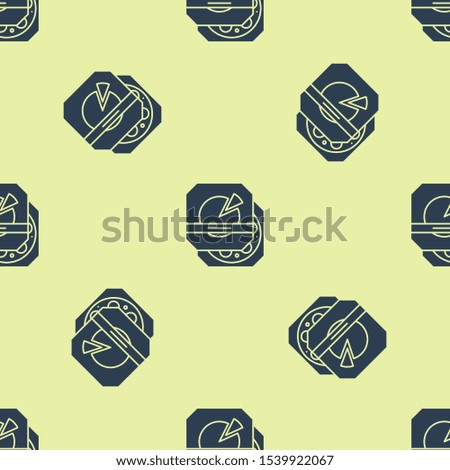 Blue Pizza in cardboard box icon isolated seamless pattern on yellow background. Box with layout elements.  Vector Illustration