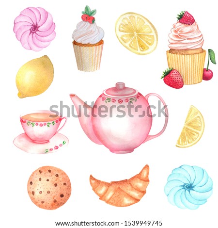 Watercolor hand drawn tea party set: pink teapot, cup, cupcake, lemon, bisquit, cookie, marshmallow, croissant on the white background