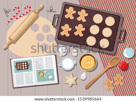 Bakery background with ingredients for cooking christmas baking. Sugar, eggs and spices on kitchen table,top view. Vector Ilustration Royalty-Free Stock Photo #1539985664
