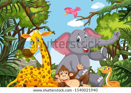 Cute animals in jungle scene illustration