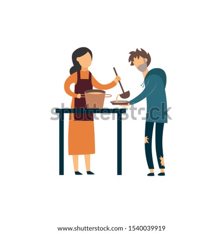 Volunteer woman giving food to homeless man in soup kitchen. Cartoon people in poor meal center - isolated flat vector illustration on white background. Royalty-Free Stock Photo #1540039919