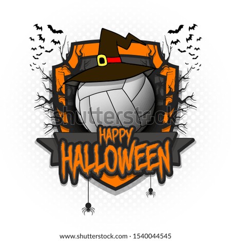 Halloween pattern. Volleyball logo template design. Volleyball ball in a hat on a background of spooky trees and bats with a shield. Pattern for banner, poster, party invitation. Vector illustration