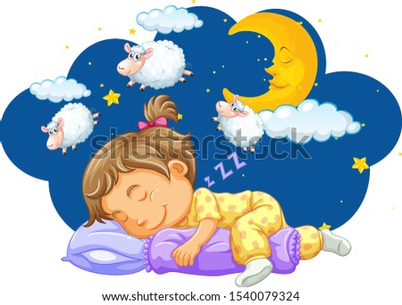 Girl sleeping with counting sheeps in her dream illustration